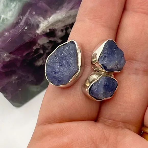 Sterling Silver Raw Amethyst Ring Chunky Triple Stone Size O Stamped 925 - Picture 7 of 12